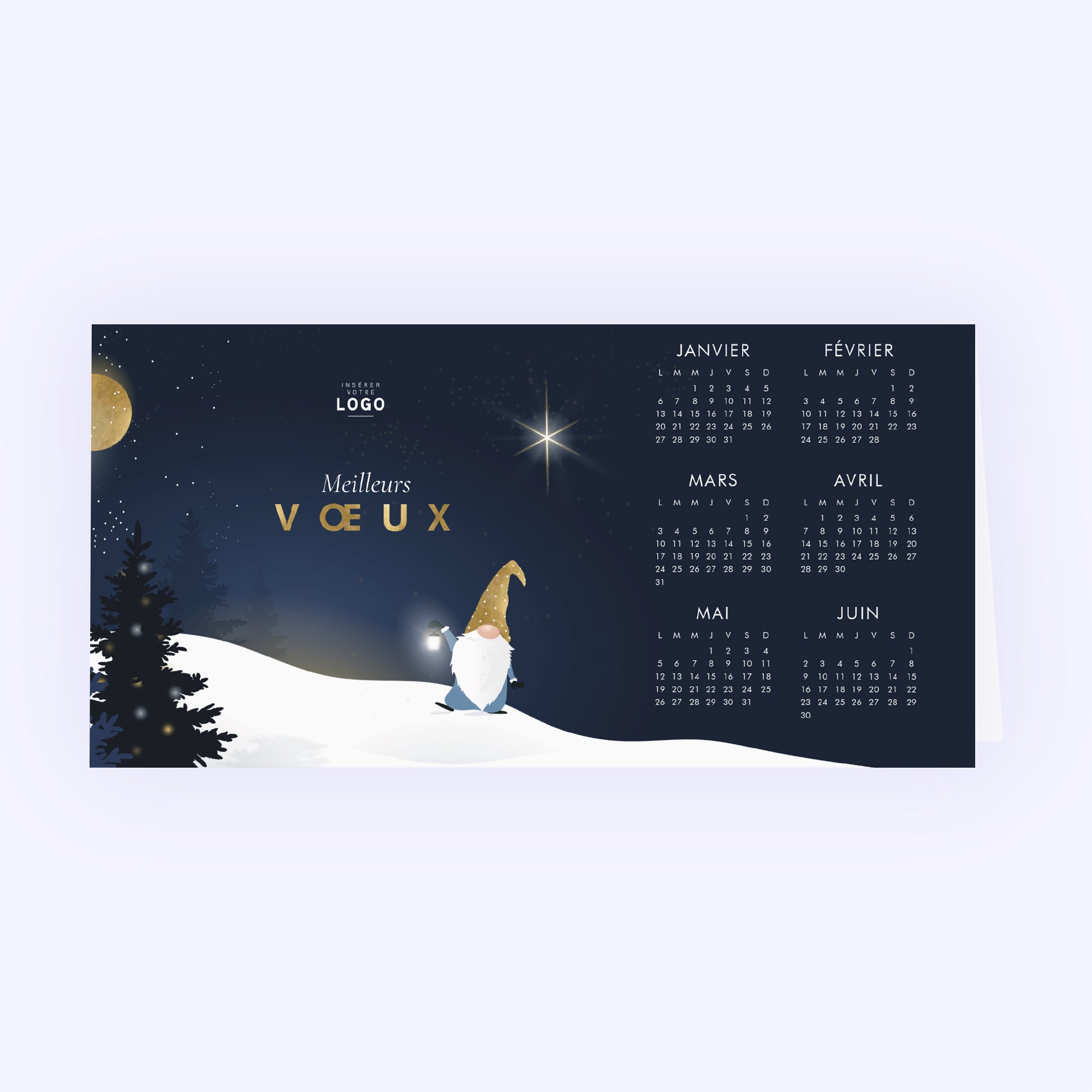 Gnome sous la lune | Vœux professionnels • Calendrier professionnel • Rectangle double photo N° 1