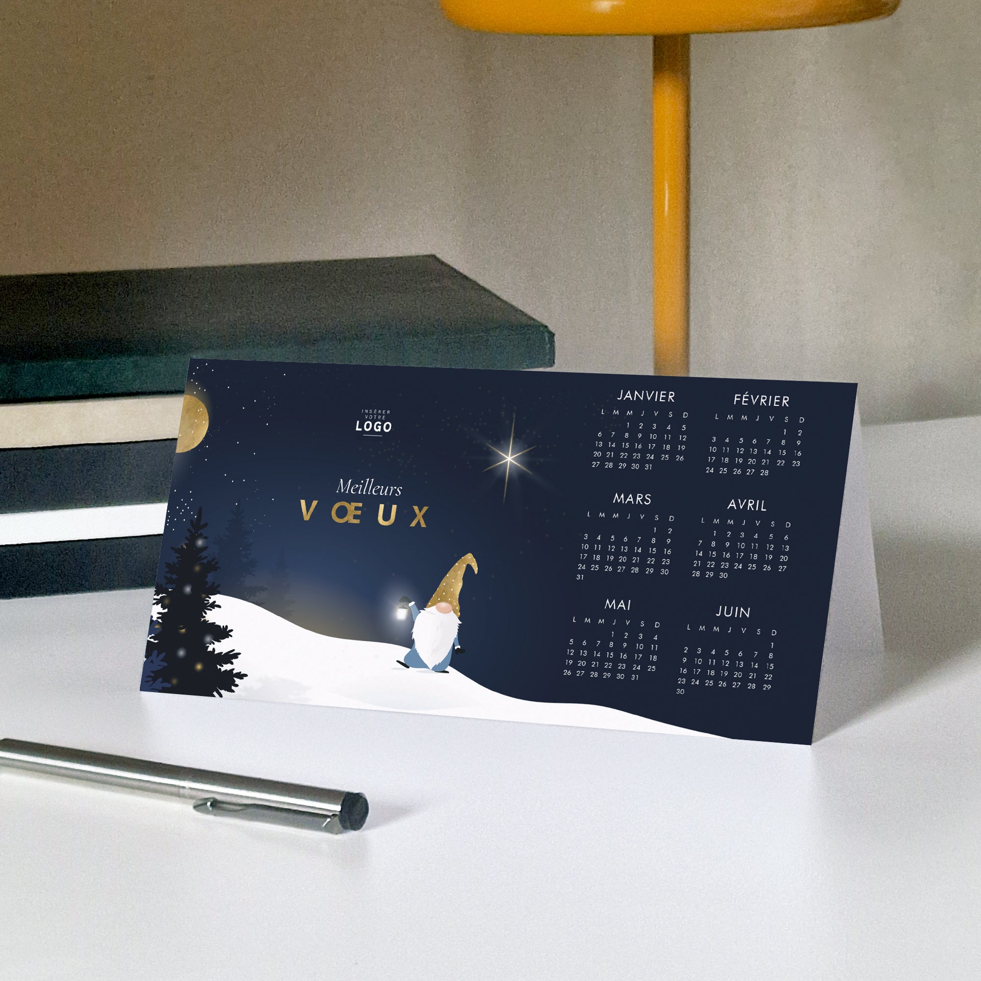 Gnome sous la lune | Vœux professionnels • Calendrier professionnel • Rectangle double photo N° 5