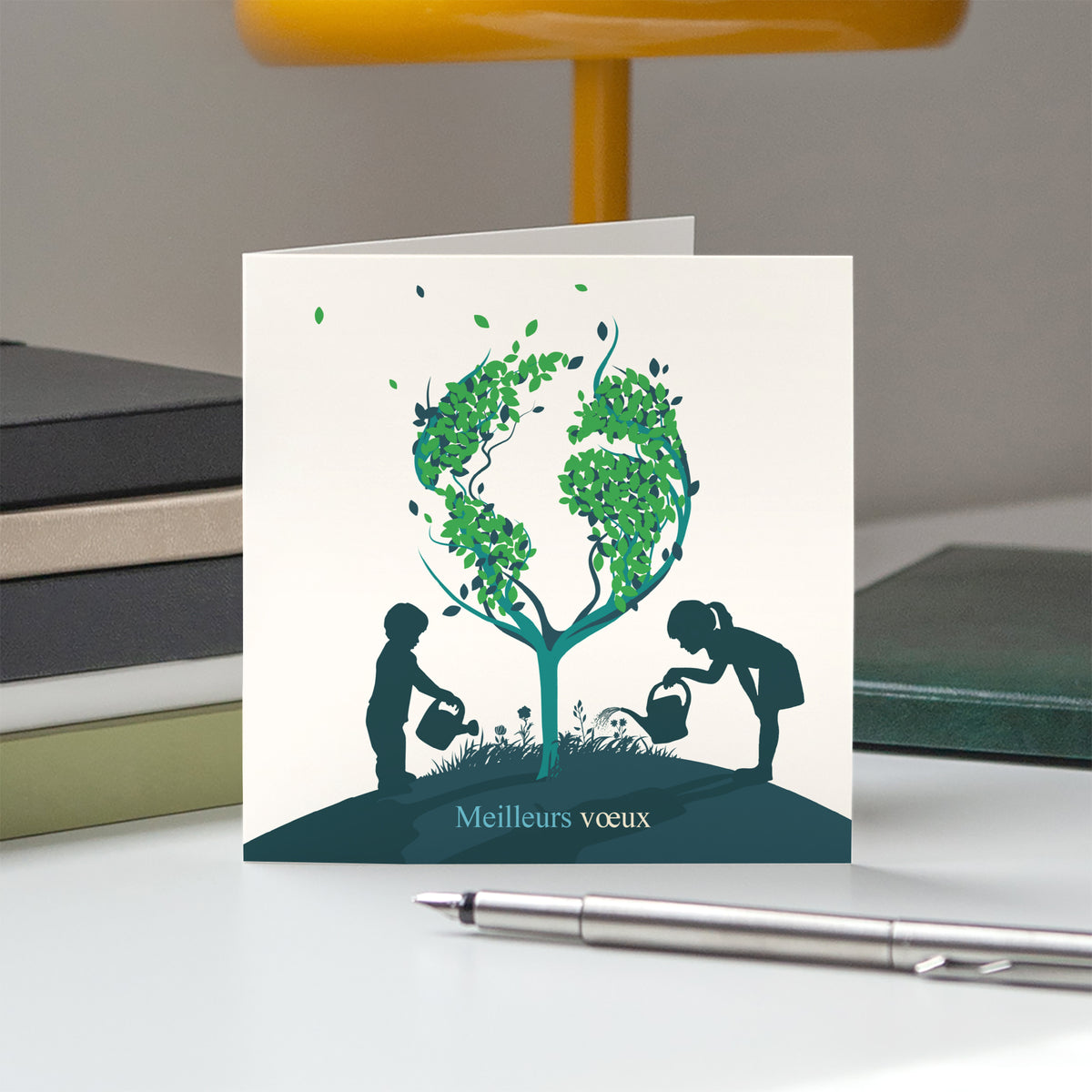 Arbre de vie vert | Vœux professionnels • Carte de voeux • Carré double photo N° 5