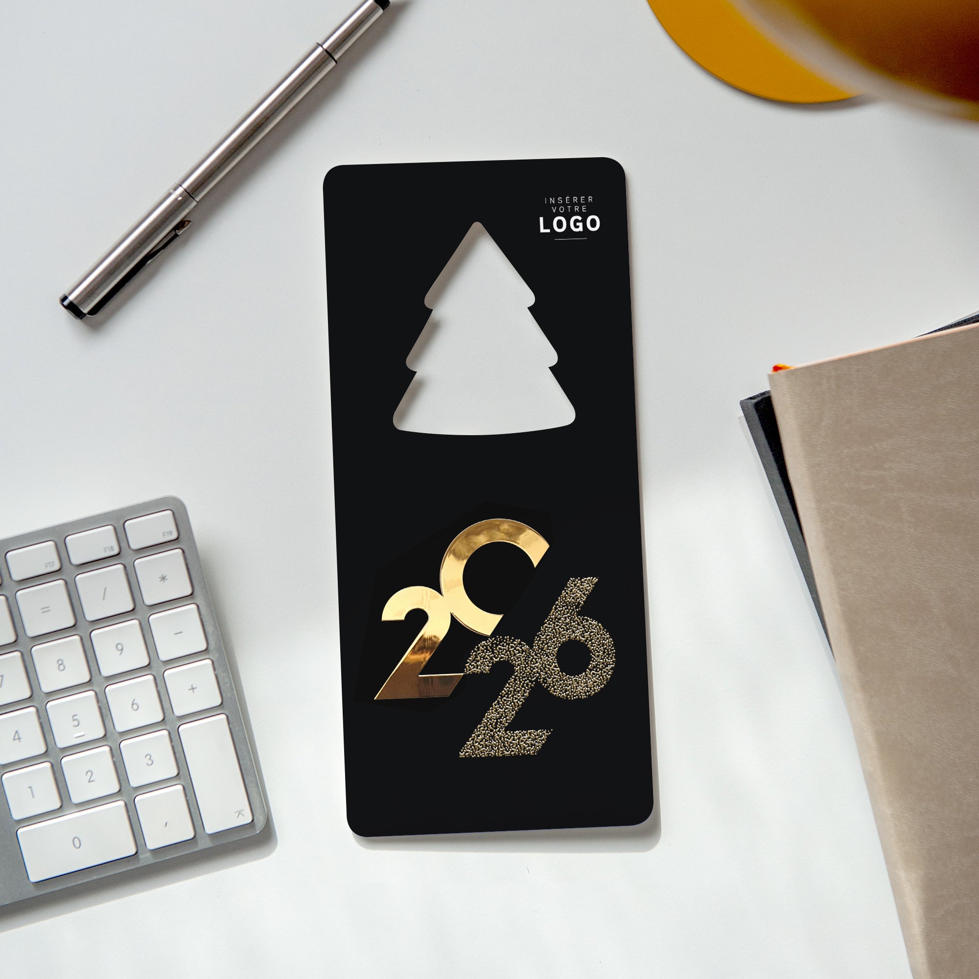 Elégance noire dorée | Vœux professionnels • Carte de voeux dorure • Vertical sapin photo N° 4