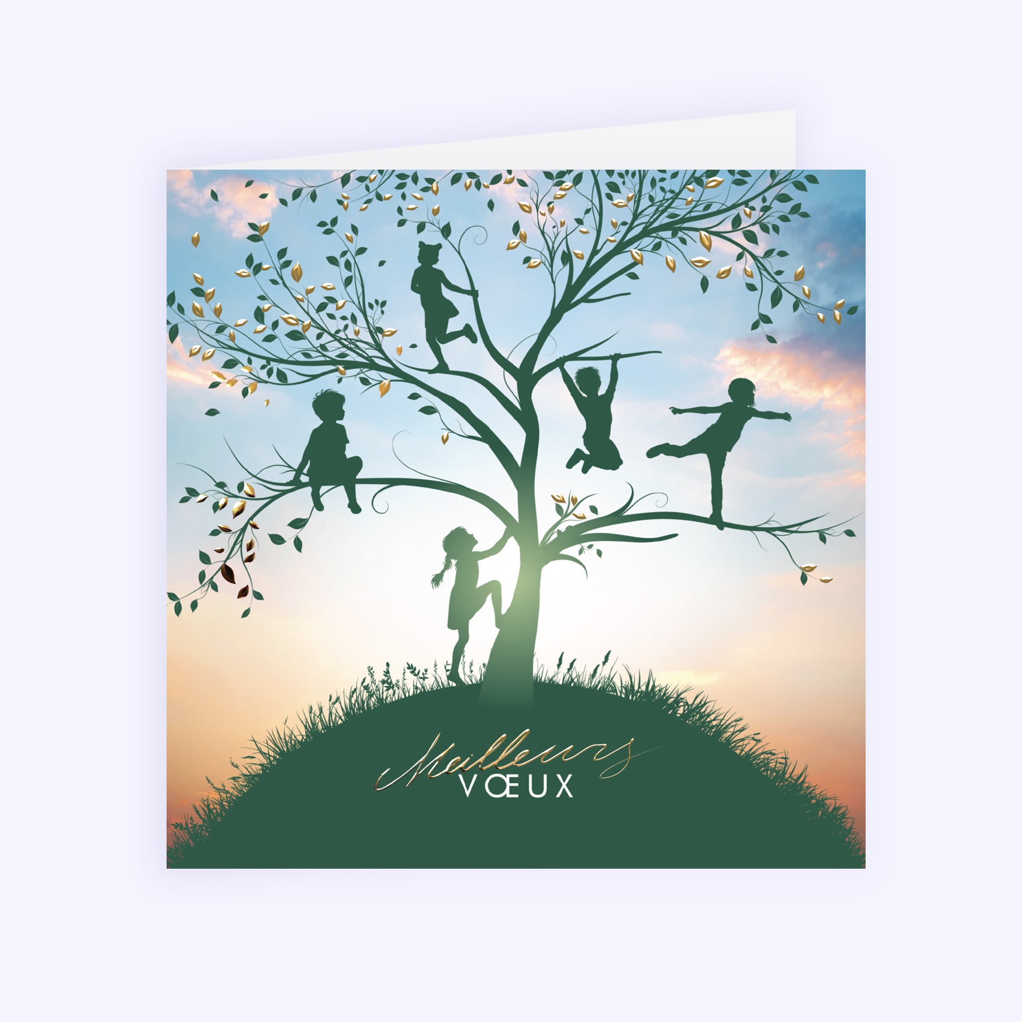 Rires dans l’Arbre | Vœux professionnels • Carte de voeux dorure • Carré double photo N° 1