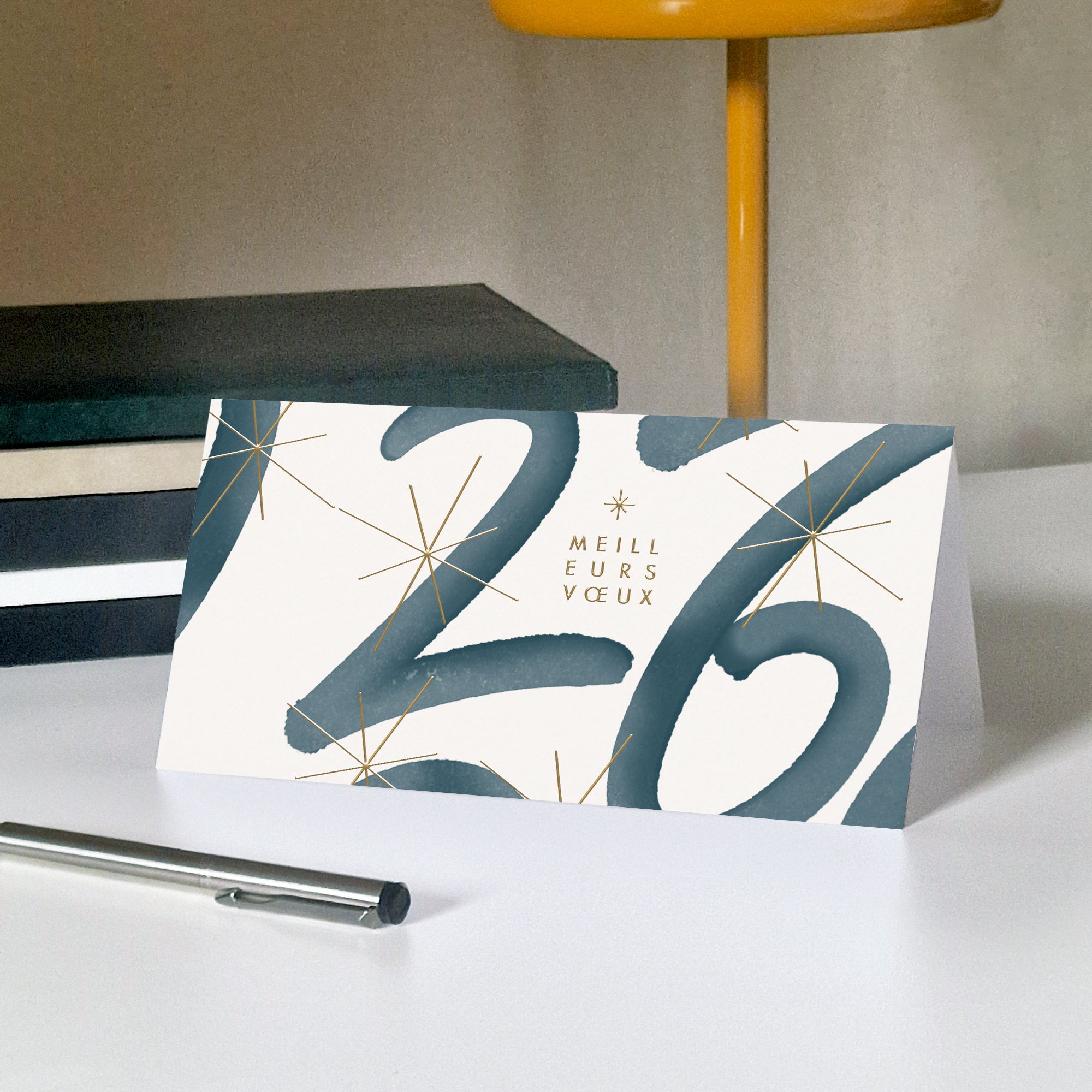 Bleu Astral | Vœux professionnels • Carte de voeux dorure • Rectangle double photo N° 5