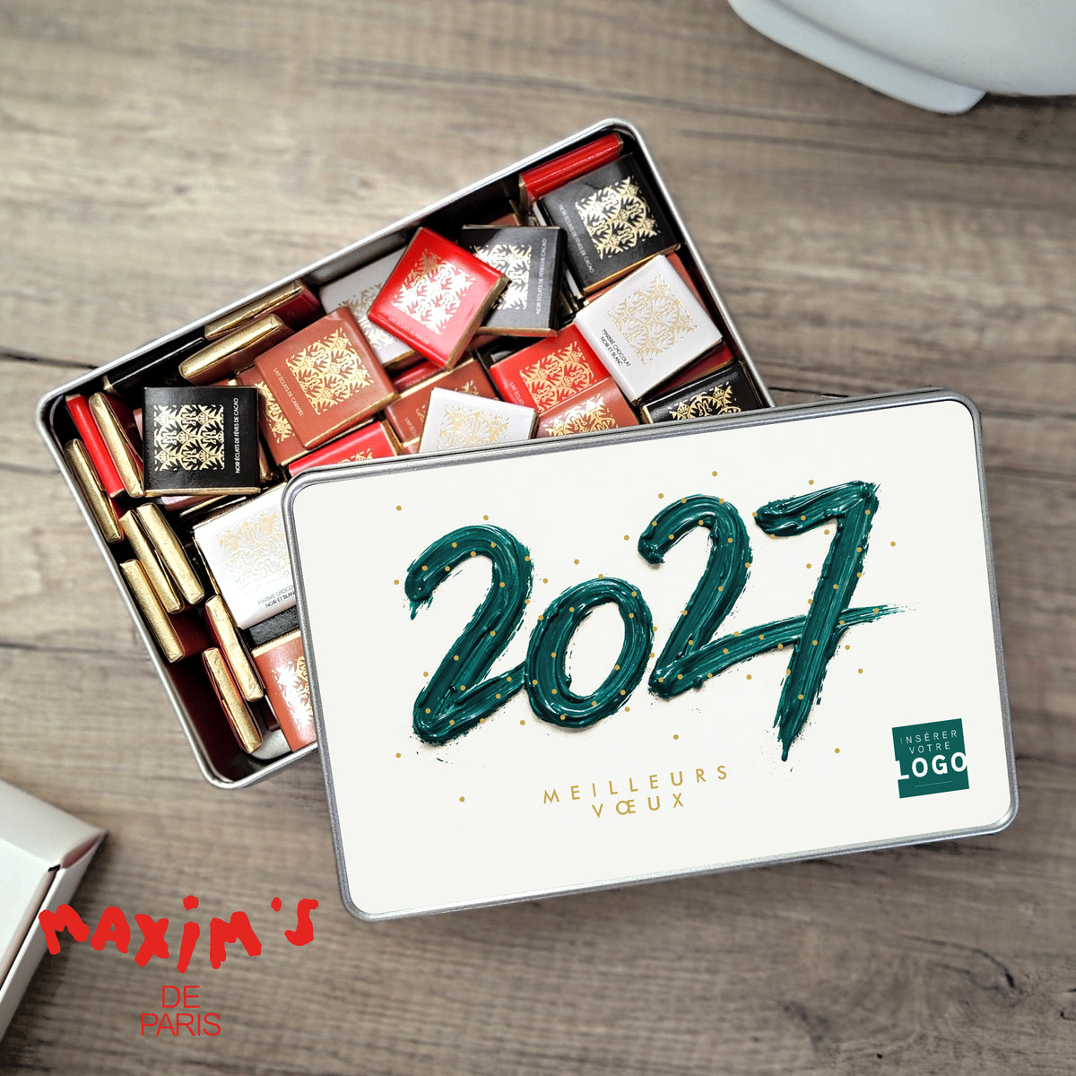 Millésime Précieux | Cadeau entreprise • Boite métallique • rectangle, garnie de chocolats photo N° 1