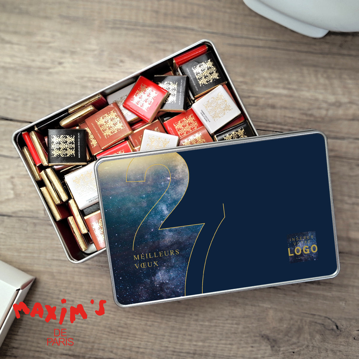 Infini Bleu | Cadeau entreprise • Boite métallique • rectangle, garnie de chocolats photo N° 1