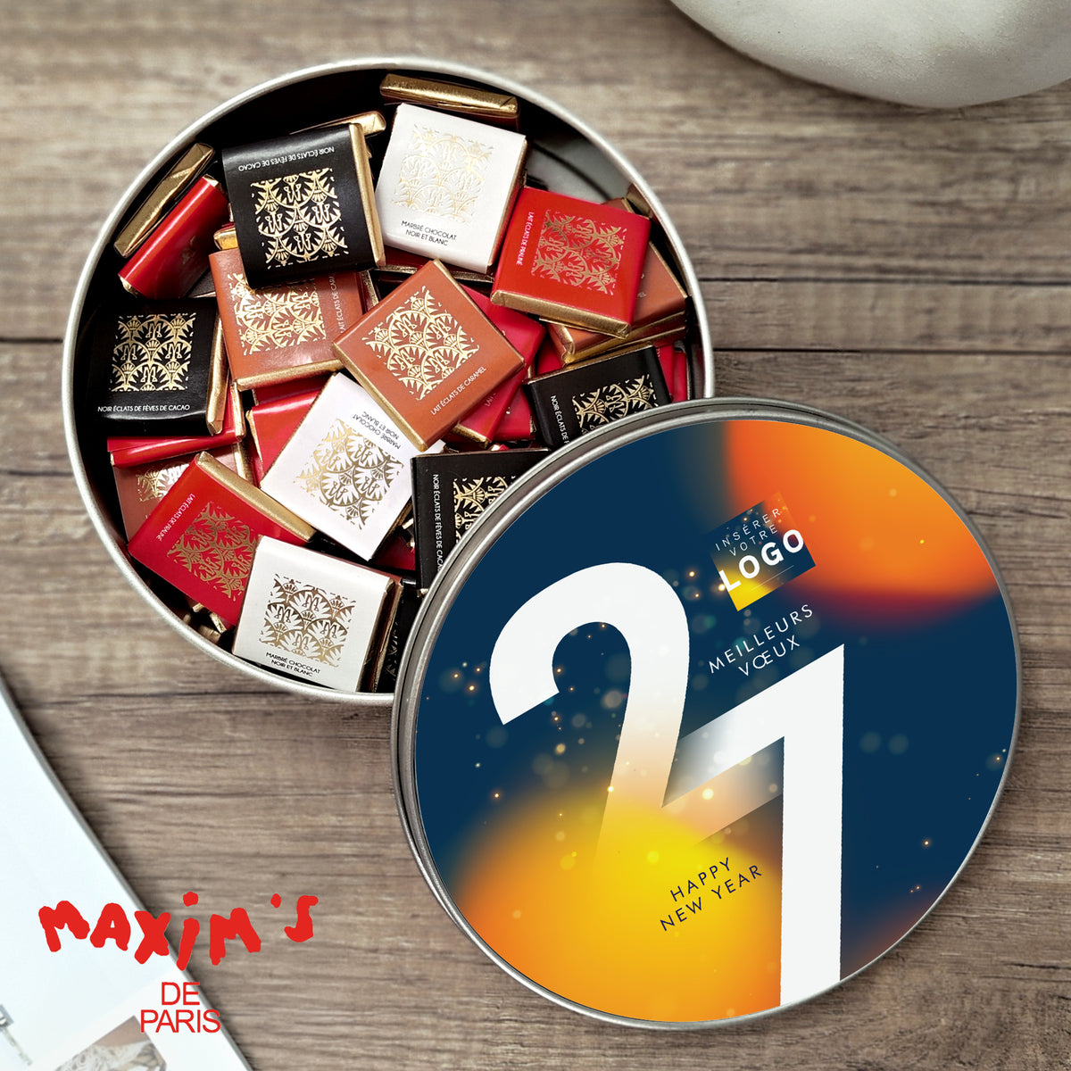 Chaleur d’Hiver | Cadeau entreprise • Boite métallique • ronde, garnie de chocolats photo N° 1