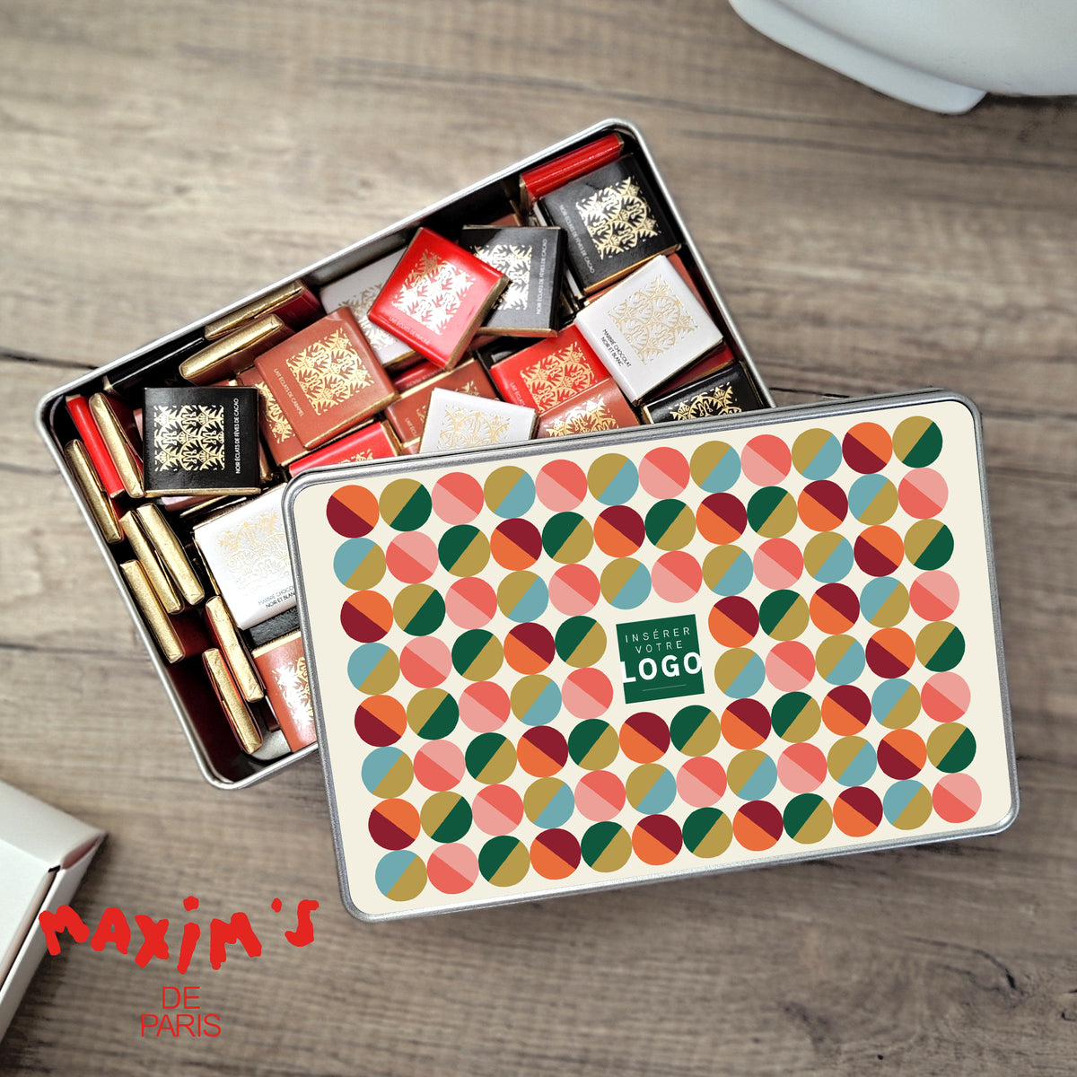 Pop dots | Cadeau entreprise • Boite métallique • rectangle, garnie de chocolats photo N° 1