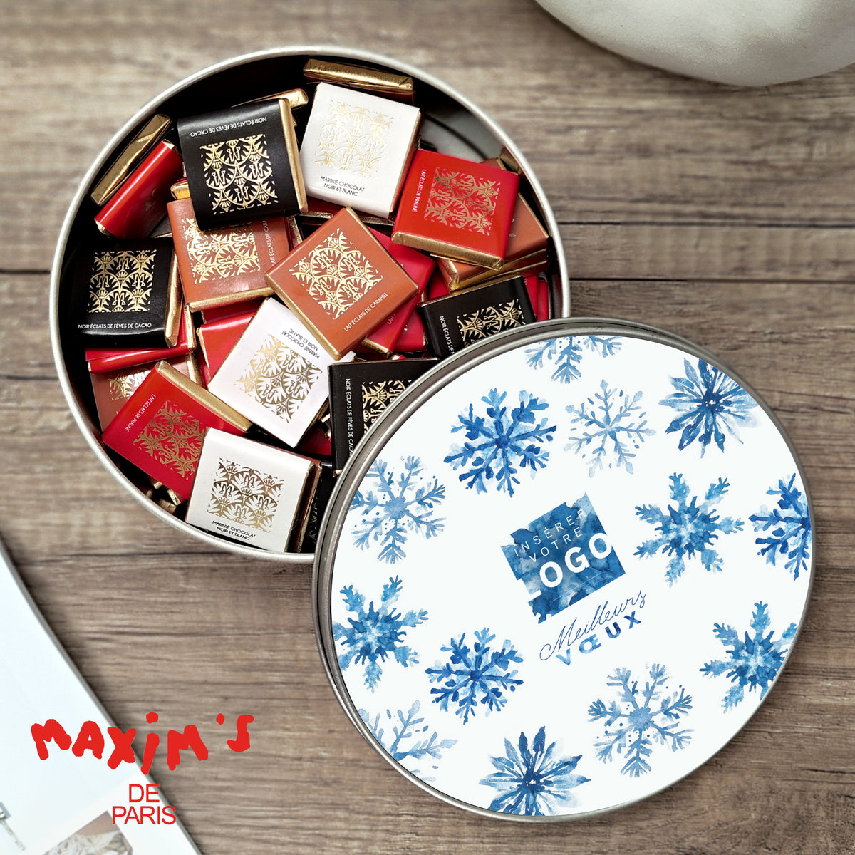 Givre Doré | Cadeau entreprise • Boite métallique • ronde, garnie de chocolats photo N° 1