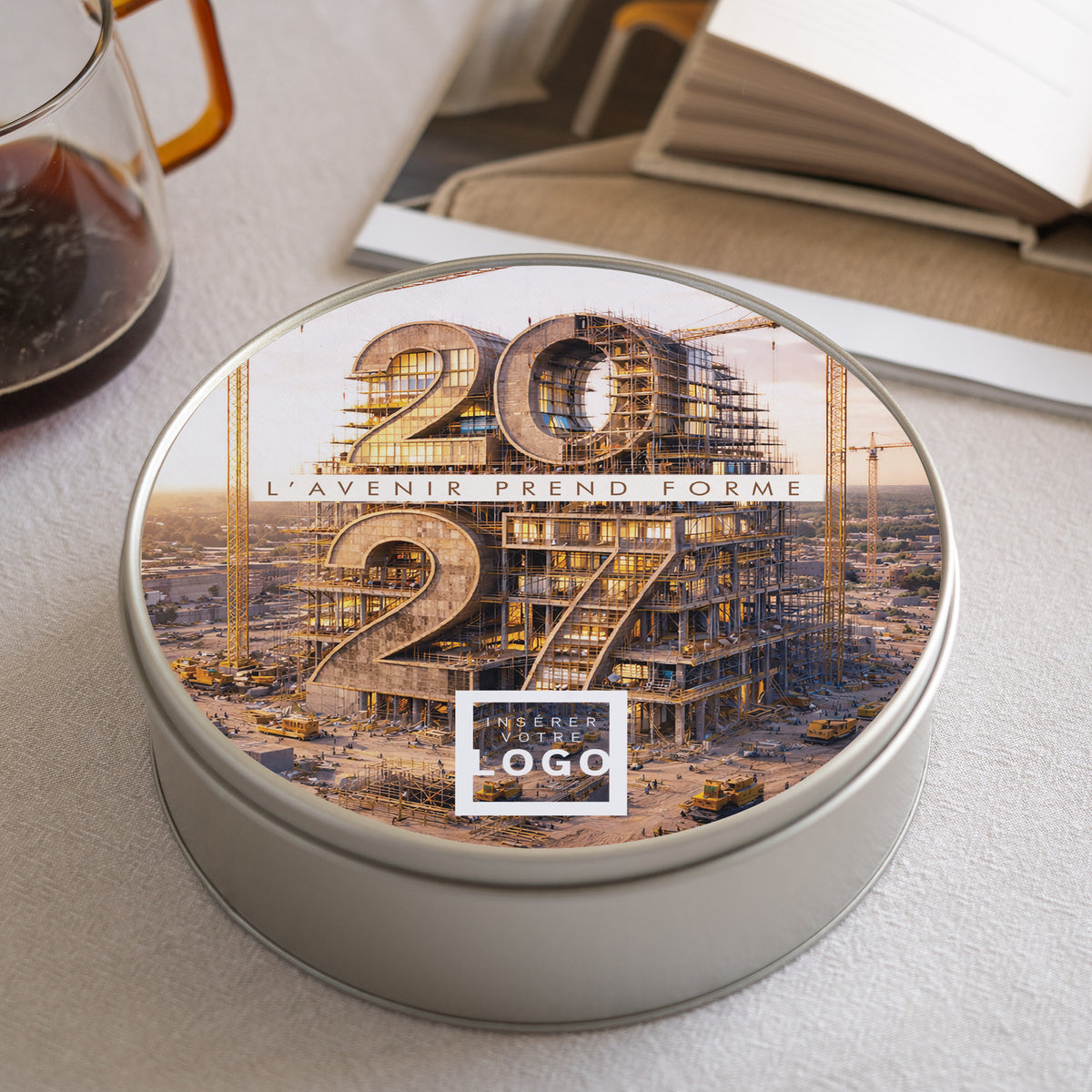 L'Avenir prend forme | Cadeau entreprise • Boite métallique • ronde, garnie de chocolats photo N° 2
